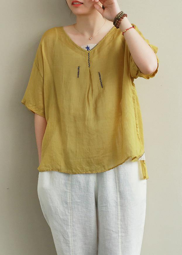 Organic Yellow Embroidery Linen Tops V Neck Tops