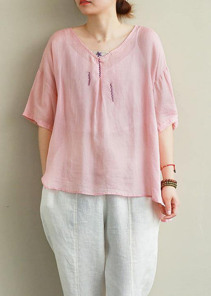 Organic Yellow Embroidery Linen Tops V Neck Tops