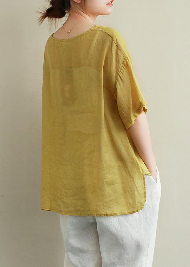 Organic Yellow Embroidery Linen Tops V Neck Tops