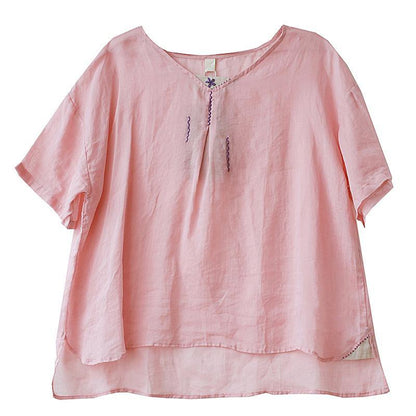 Organic Yellow Embroidery Linen Tops V Neck Tops