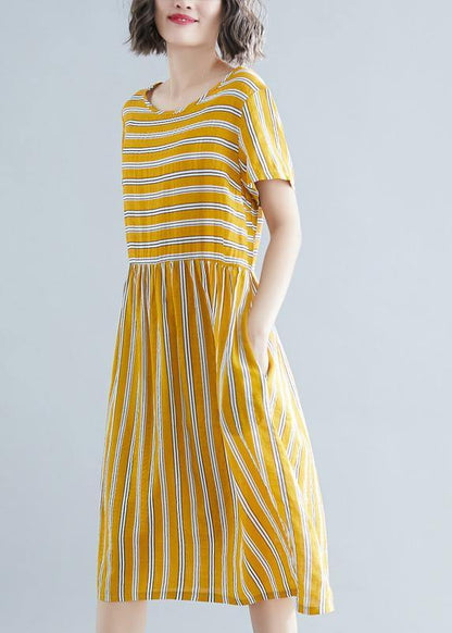 Organic Yellow Striped Cotton Clothes O Neck Pockets Tunic Dress