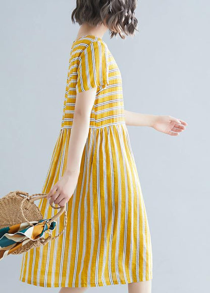 Organic Yellow Striped Cotton Clothes O Neck Pockets Tunic Dress