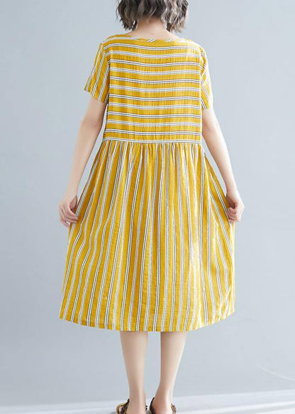 Organic Yellow Striped Cotton Clothes O Neck Pockets Tunic Dress