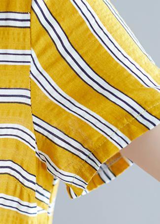 Organic Yellow Striped Cotton Clothes O Neck Pockets Tunic Dress