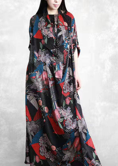 Organic Black Print Robe Silk Dresses Patchwork