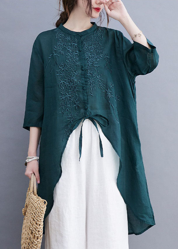 Organic Army Green Embroidery Cotton Blouse Design O Neck Low High Design Shirt