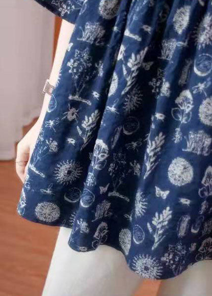 Organic Dark Blue Prints Cotton Linen Long Shirts Pattern V Neck Summer Shirt