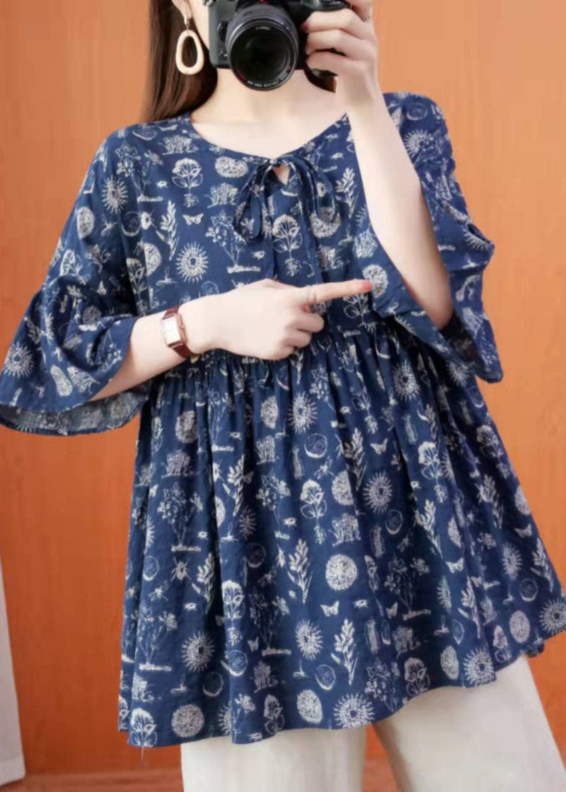 Organic Dark Blue Prints Cotton Linen Long Shirts Pattern V Neck Summer Shirt