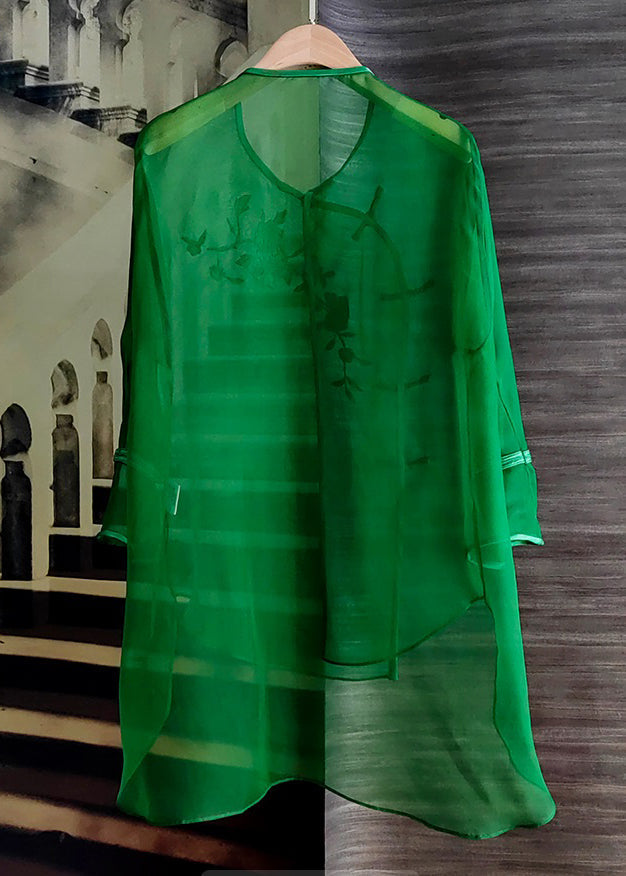 Organza Green O-neck Embroideried Low High Design Silk Mid Dress Long Sleeve