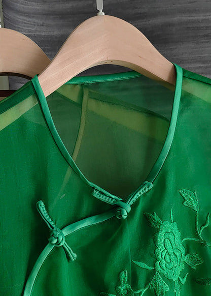 Organza Green O-neck Embroideried Low High Design Silk Mid Dress Long Sleeve