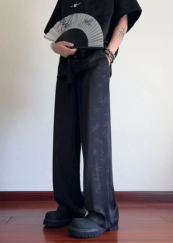 Oriental Black Bamboo Print Pockets Ice Silk Pants Long Summer