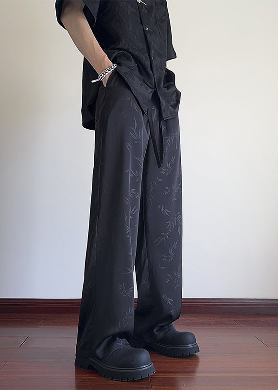 Oriental Black Bamboo Print Pockets Ice Silk Pants Long Summer
