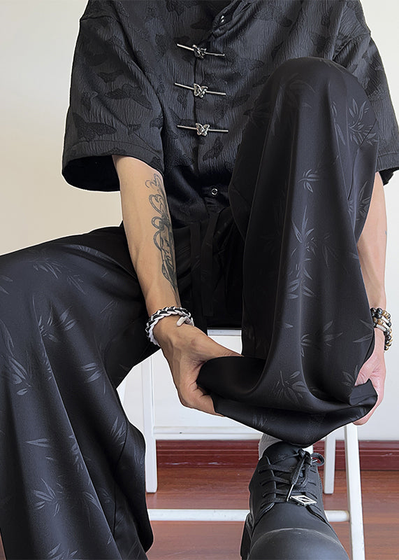 Oriental Black Bamboo Print Pockets Ice Silk Pants Long Summer