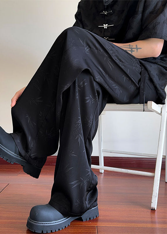 Oriental Black Bamboo Print Pockets Ice Silk Pants Long Summer