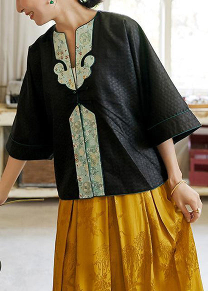 Oriental Black O-neck Embroideried Patchwork Silk Coats Spring