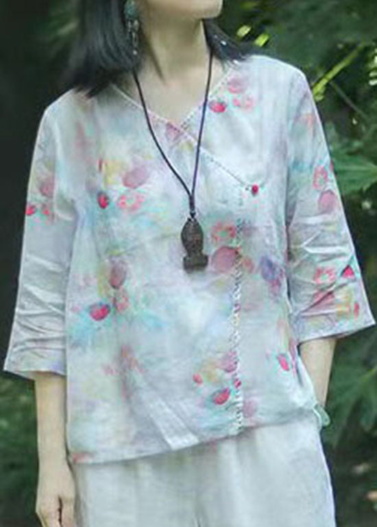Oriental Light Green Button V Neck Print Tops Spring