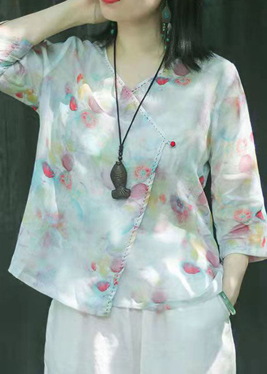 Oriental Light Green Button V Neck Print Tops Spring