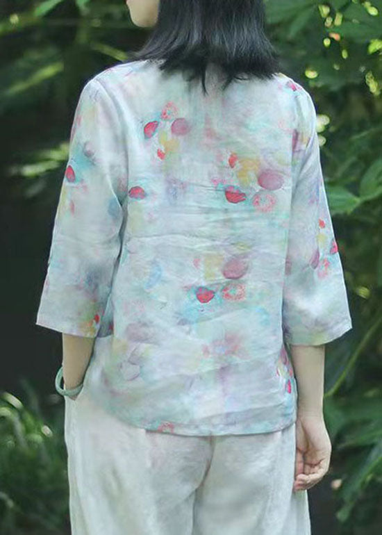 Oriental Light Green Button V Neck Print Tops Spring