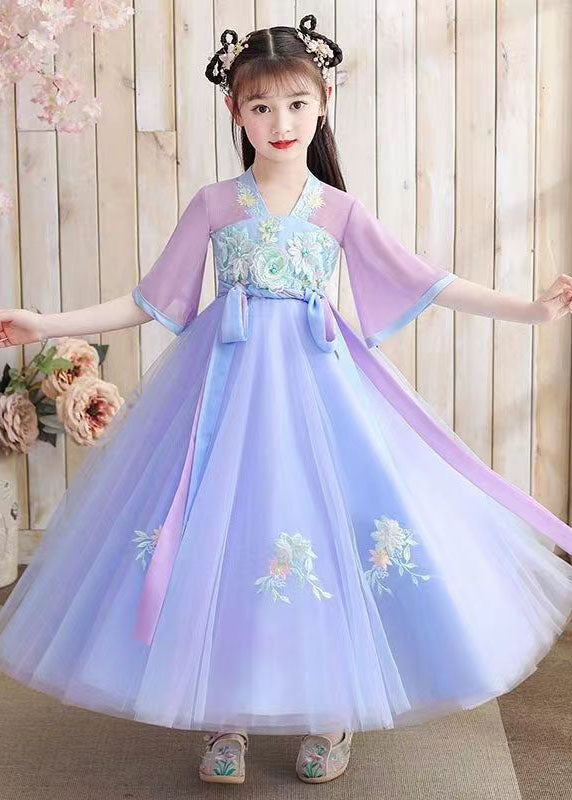 Oriental Purple Embroideried Tie Waist Patchwork Chiffon Kids Dresses Summer