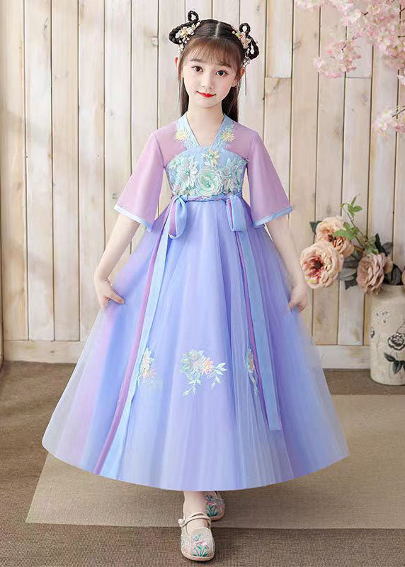 Oriental Purple Embroideried Tie Waist Patchwork Chiffon Kids Dresses Summer