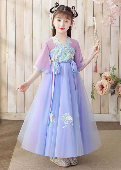 Oriental Purple Embroideried Tie Waist Patchwork Chiffon Kids Dresses Summer