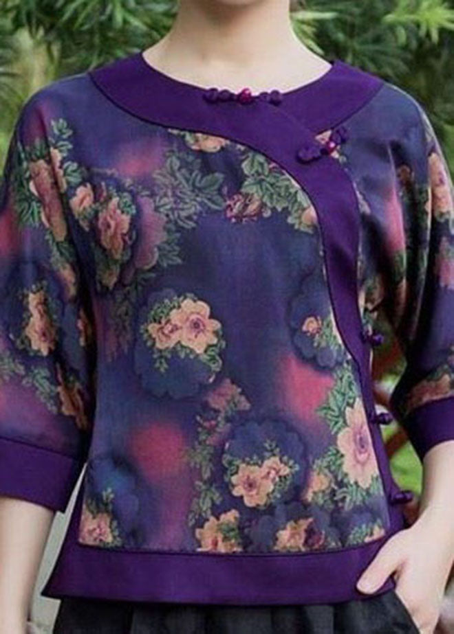 Oriental Purple Button O-neck Print Silk Tops Half Sleeve