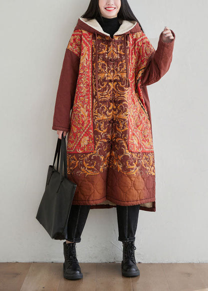 Oriental Red Hooded Embroideried Warm Fleece Fine Cotton Filled Coats Winter