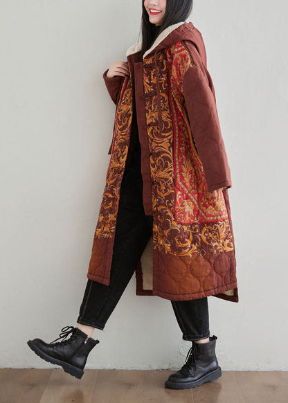Oriental Red Hooded Embroideried Warm Fleece Fine Cotton Filled Coats Winter