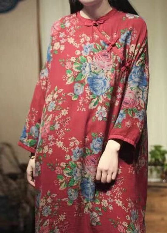 Oriental Red O-neck Print Linen Mid Dresses Spring