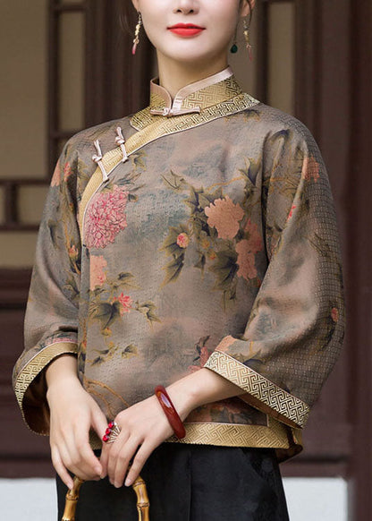 Oriental Chocolate Stand Collar Button Print Silk Blouse Tops Spring