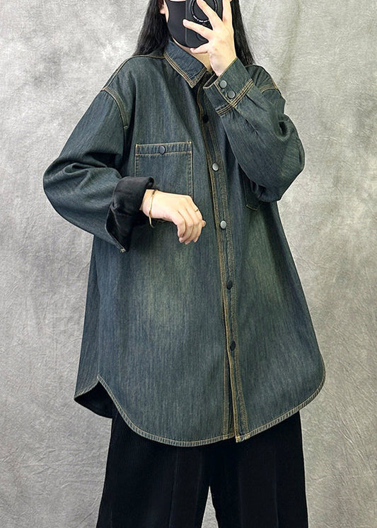 Original 2025 New Grey Blue Denim Shirt Top Spring