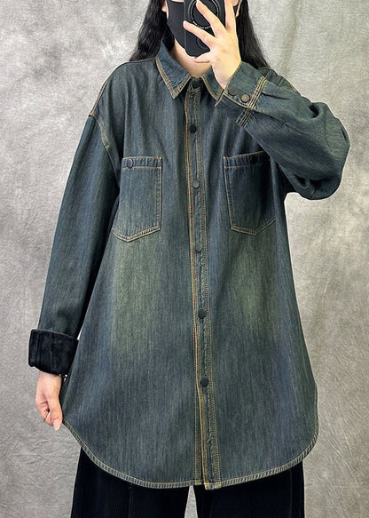 Original 2025 New Grey Blue Denim Shirt Top Spring