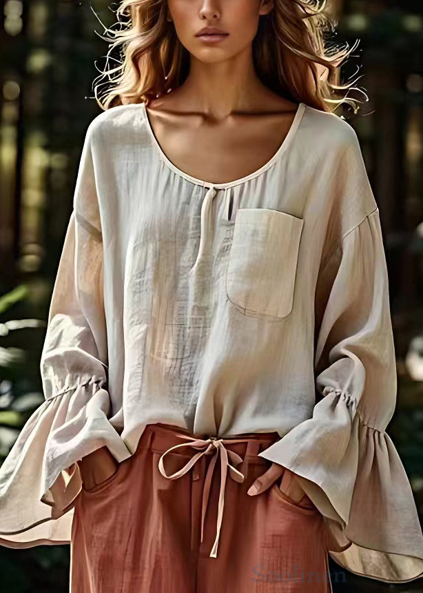 Original Apricot O Neck Pockets Cotton Shirt Flare Sleeve