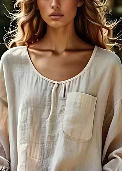 Original Apricot O Neck Pockets Cotton Shirt Flare Sleeve
