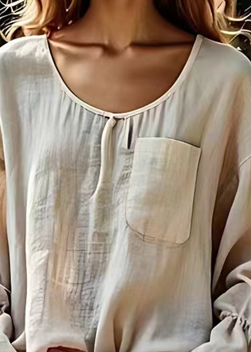Original Apricot O Neck Pockets Cotton Shirt Flare Sleeve