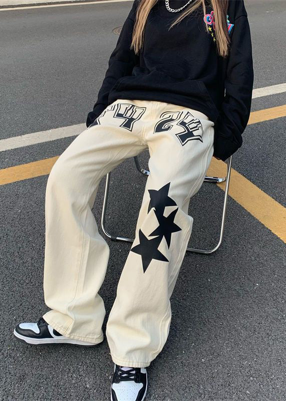 Original Beige Letter Five Pointed Star Print High Waist Denim Pants Spring