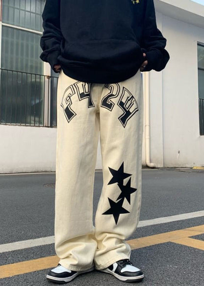 Original Beige Letter Five Pointed Star Print High Waist Denim Pants Spring