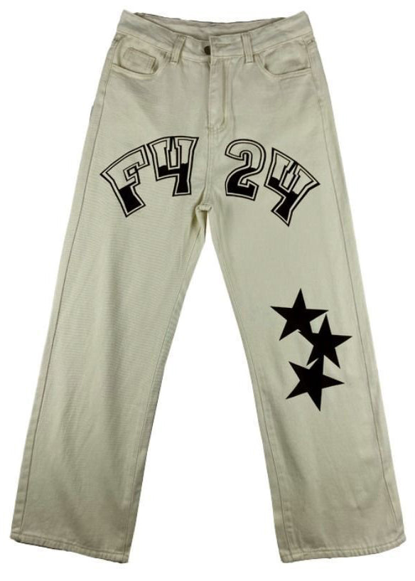 Original Beige Letter Five Pointed Star Print High Waist Denim Pants Spring