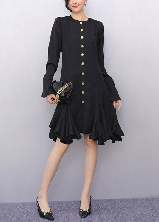 Original Black O-neck Button Long Dresses Flare Sleeve