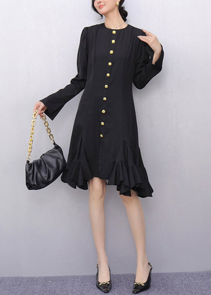 Original Black O-neck Button Long Dresses Flare Sleeve