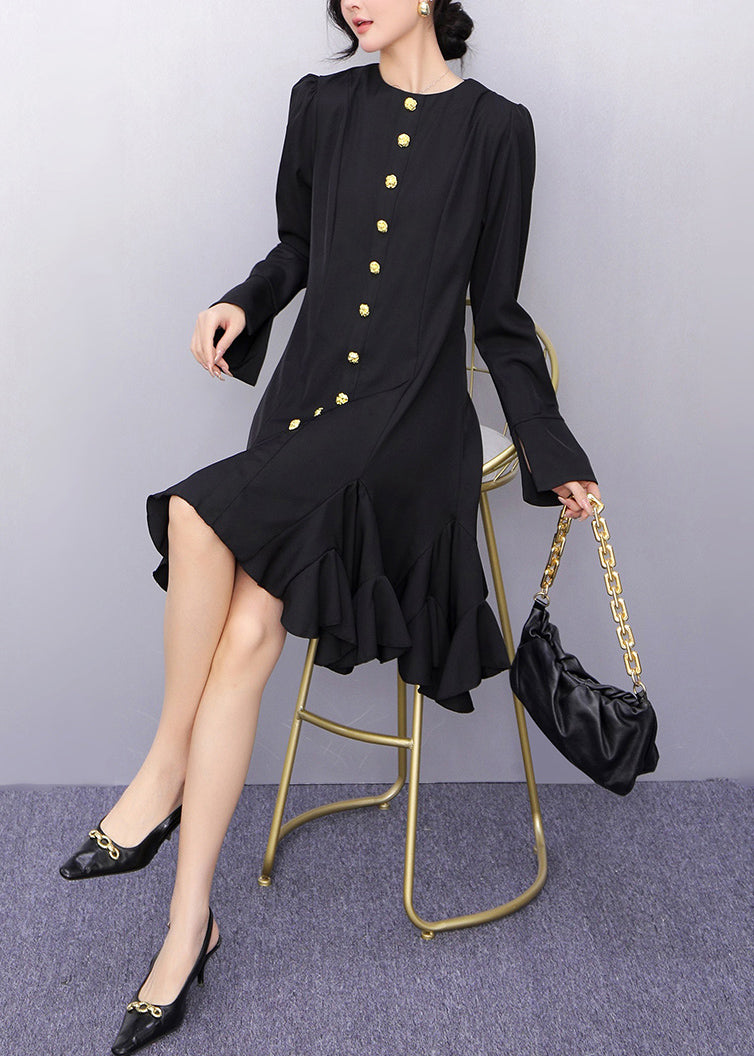 Original Black O-neck Button Long Dresses Flare Sleeve