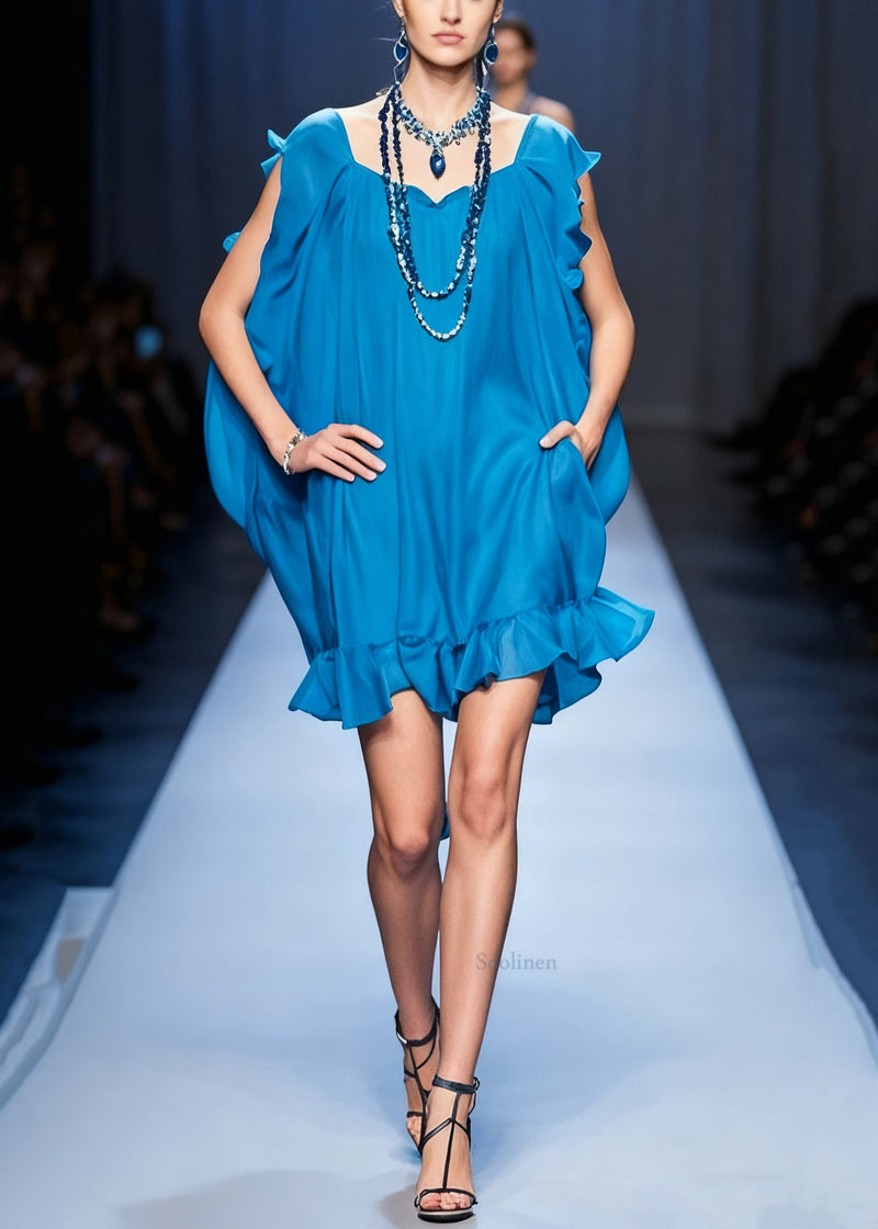 Original Blue Ruffled Pockets Chiffon Mid Dress Summer