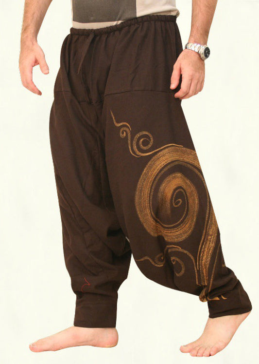 Original Brown Print Elastic Waist Cotton Harem Pants Summer