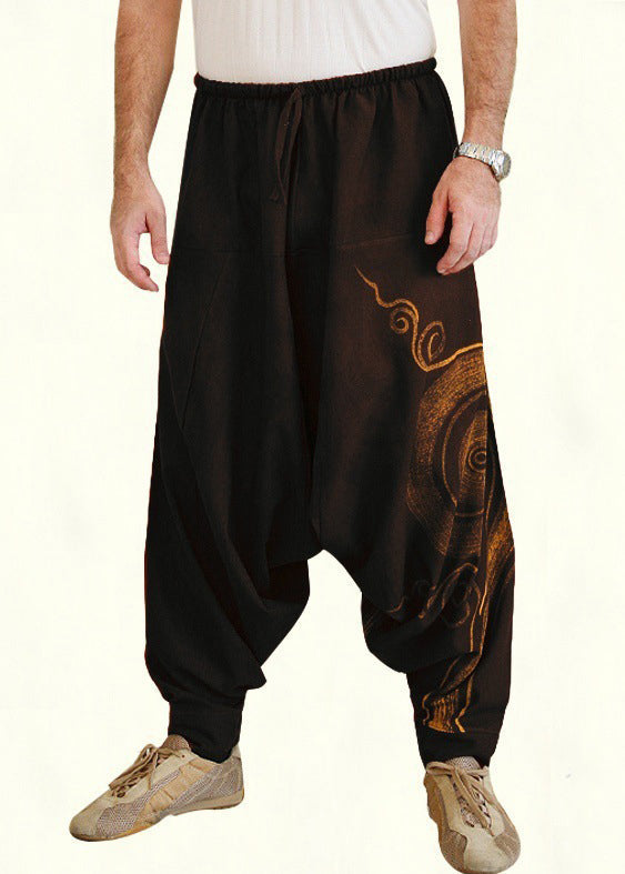 Original Brown Print Elastic Waist Cotton Harem Pants Summer