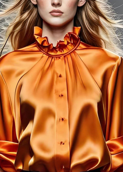 Original Caramel Ruffled Button Patchwork Silk Shirts Lantern Sleeve