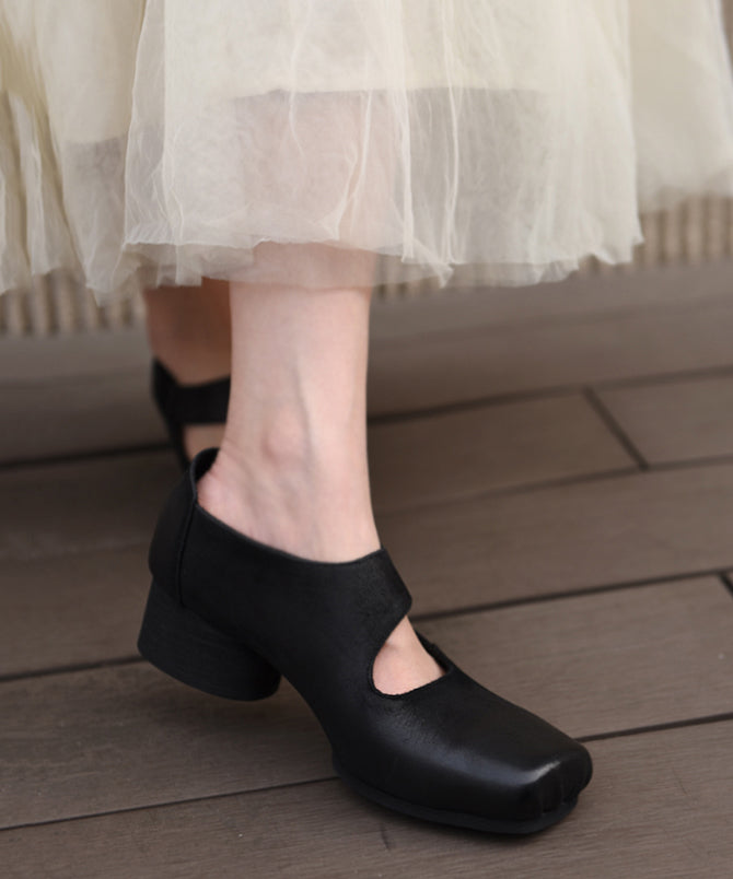 Original Coffee Chunky Heel Shoes New Cowhide Leather
