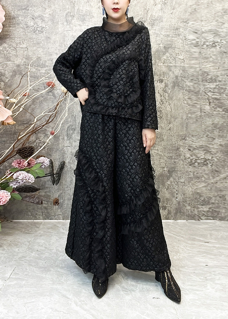 Original Coffee Ruffled Patchwork Tops and Pants Cotton Two Pieces Set Fall