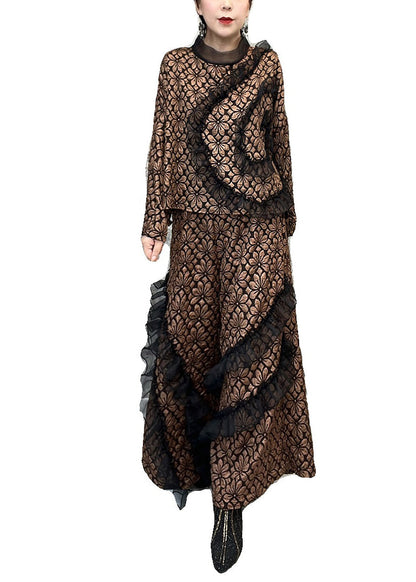 Original Coffee Ruffled Patchwork Tops and Pants Cotton Two Pieces Set Fall