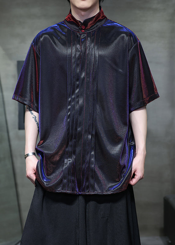 Original Color Change Blue Purple Stand Collar Wrinkled Ice Silk Shirts