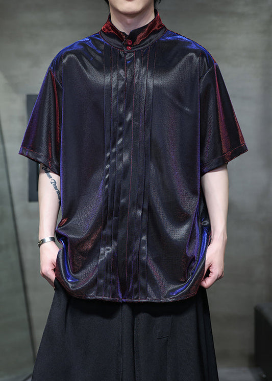 Original Color Change Blue Purple Stand Collar Wrinkled Ice Silk Shirts